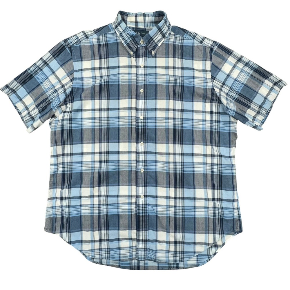 Ralph Lauren Button Down Shirt Mens XL Blue Plaid Short Sleeve Classic Fit Pony